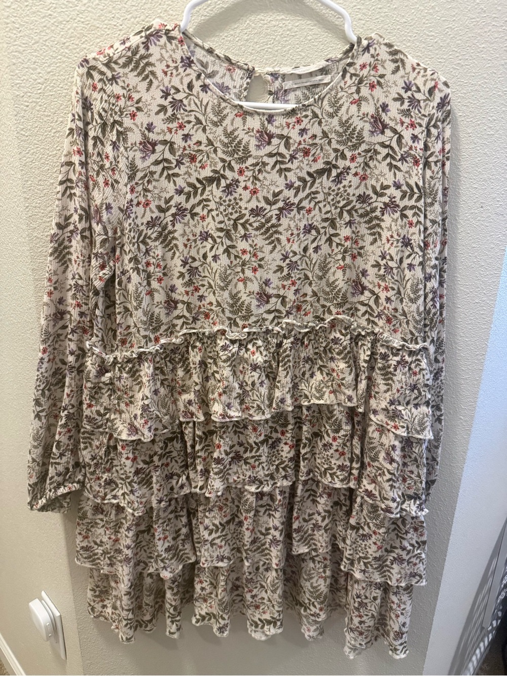 Urban Outfitters Cream Floral Long Sleeve Ruffle Dress
